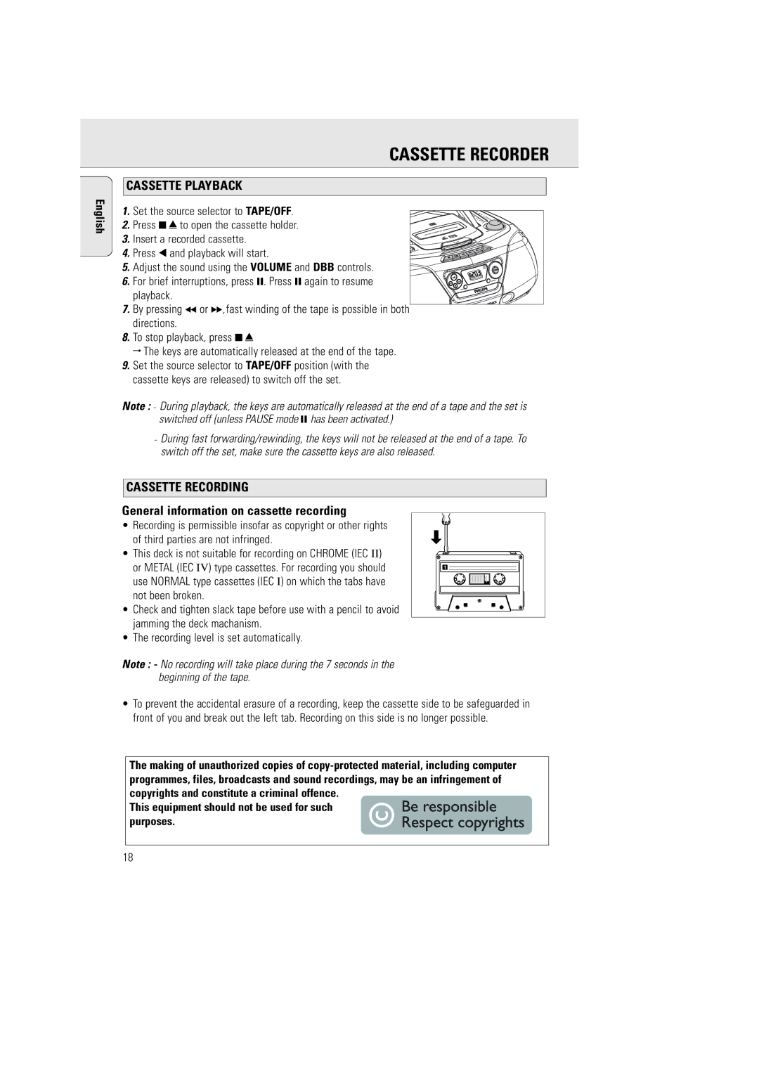 Philips AZ5140 Cassette Playback, Cassette Recording, General information on cassette recording, Not been broken 