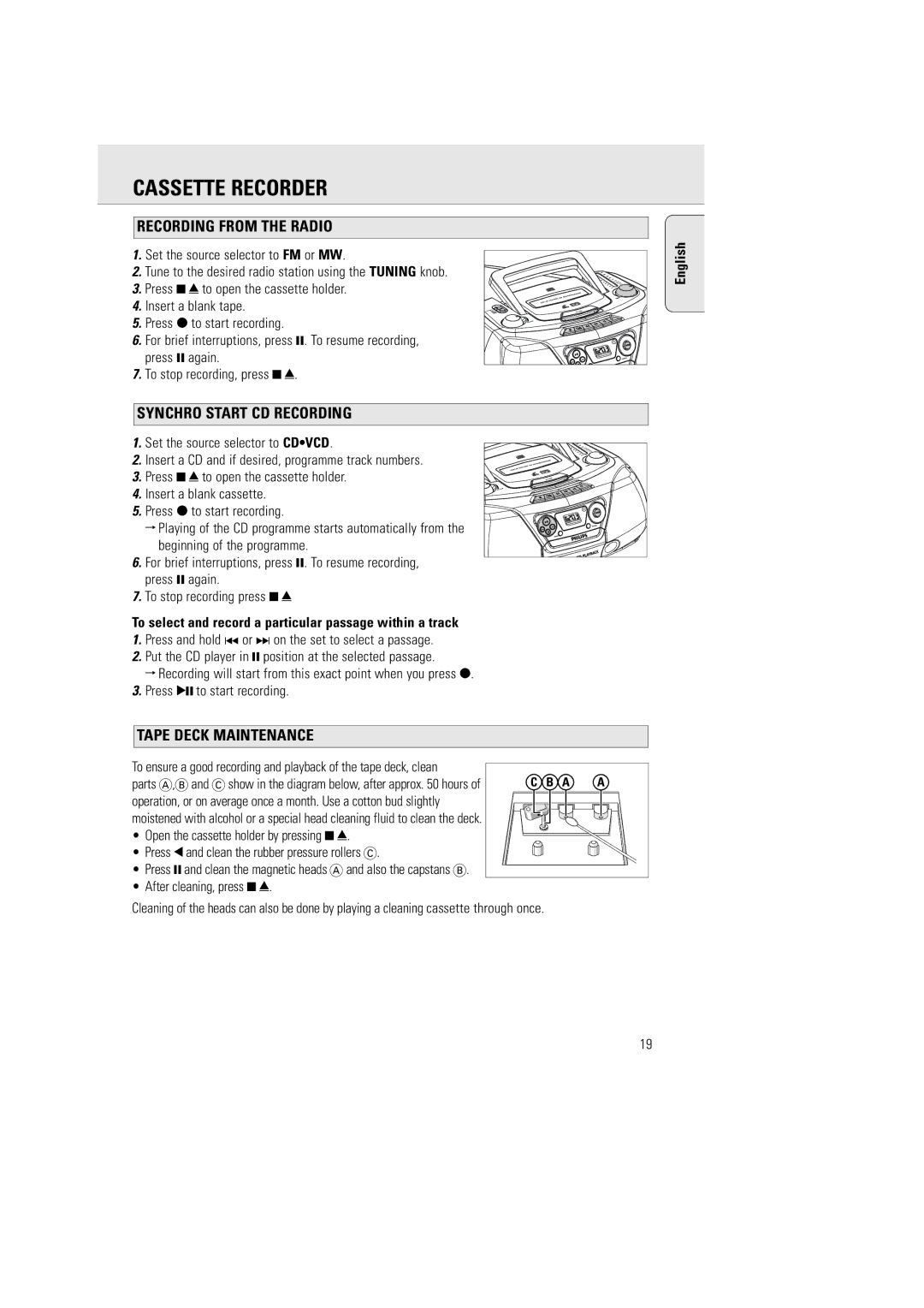 Philips AZ5140 user manual Cassette Recorder, Recording from the Radio, Synchro Start CD Recording, Tape Deck Maintenance 