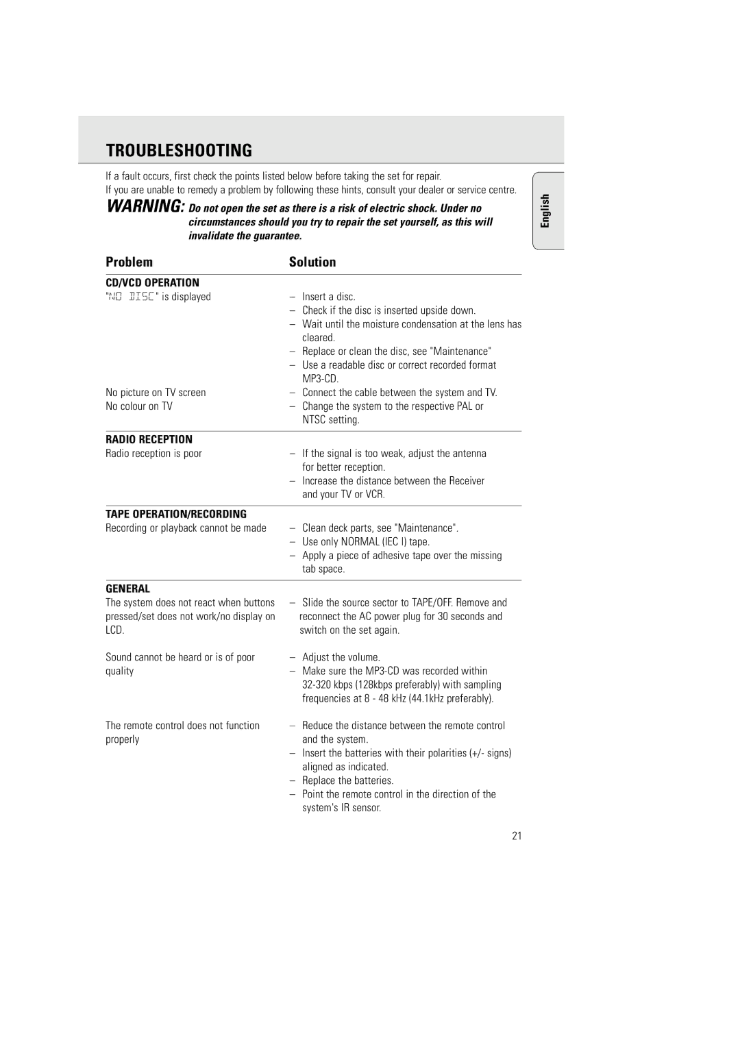 Philips AZ5140 user manual Troubleshooting, CD/VCD Operation, Radio Reception, Tape OPERATION/RECORDING, General 