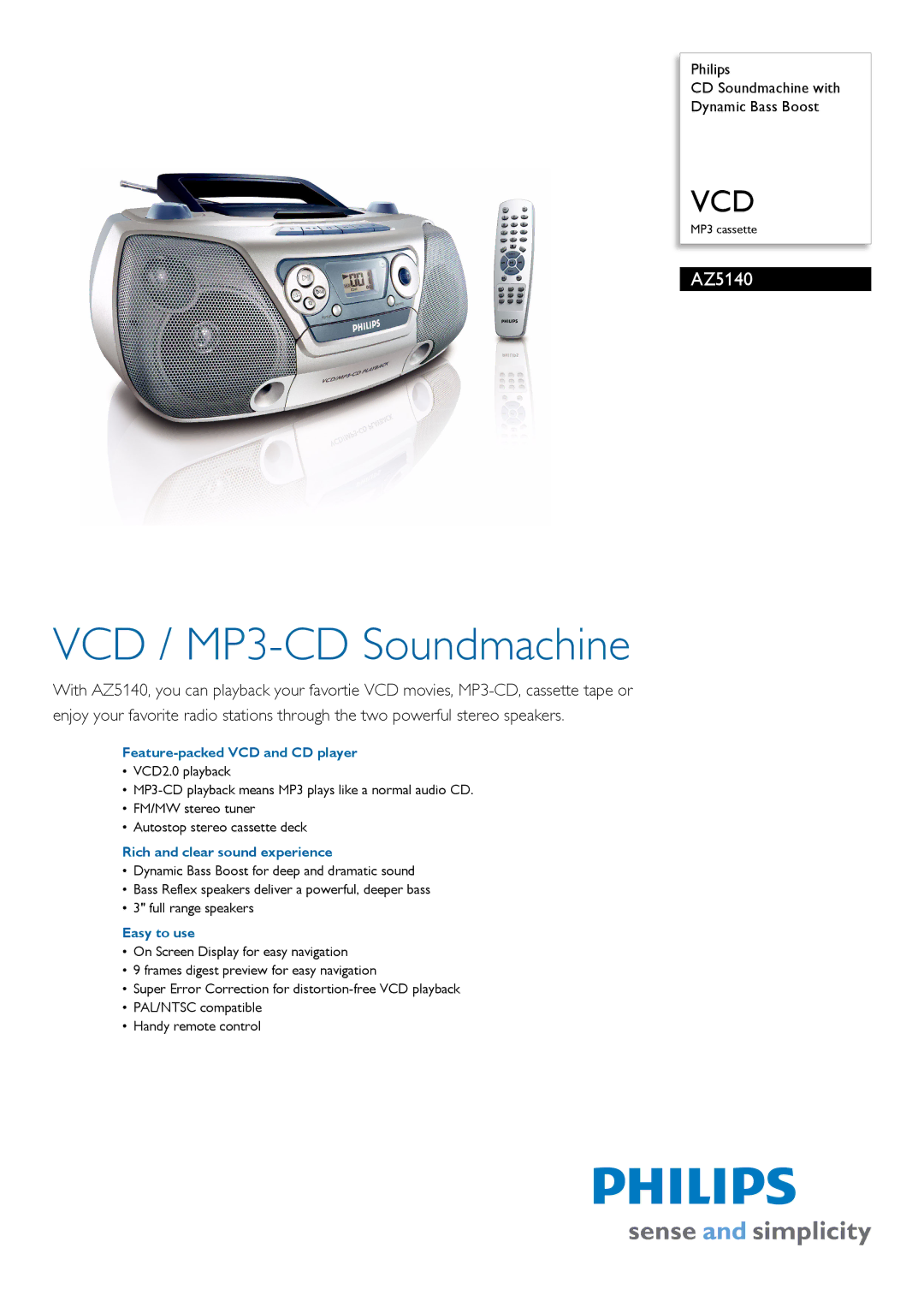 Philips AZ5140/98 manual Feature-packed VCD and CD player, Rich and clear sound experience, Easy to use 