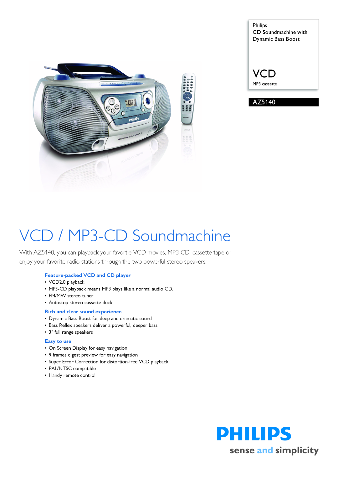Philips AZ5140/98 manual Philips CD Soundmachine with Dynamic Bass Boost, VCD / MP3-CDSoundmachine 