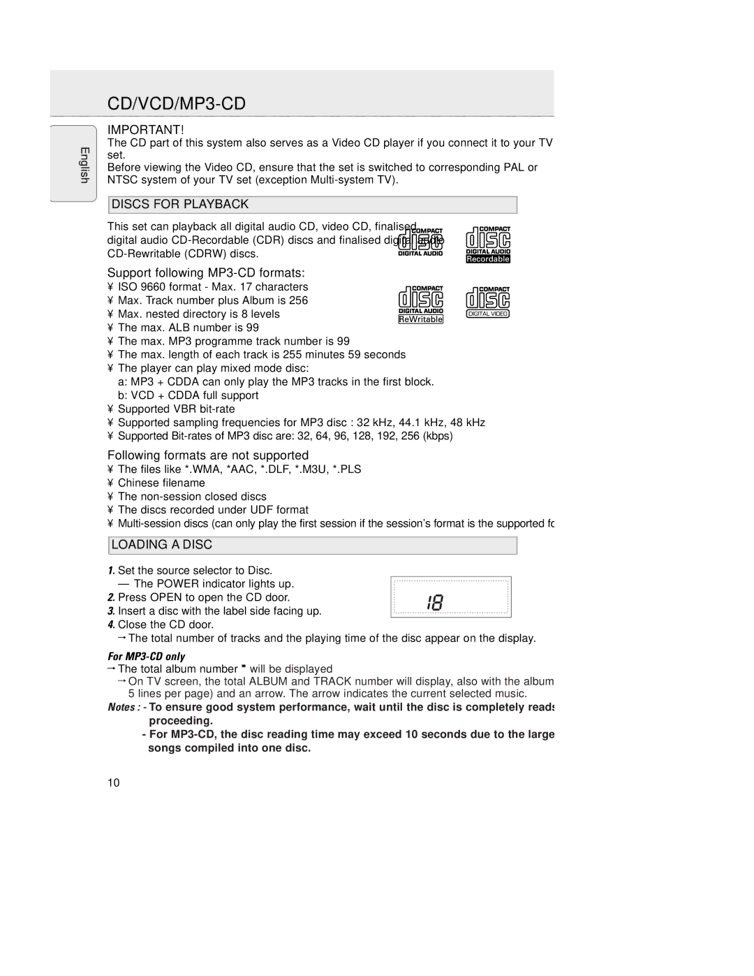 Philips AZ5150 CD/VCD/MP3-CD, Discs for Playback, Support following MP3-CD formats, Following formats are not supported 