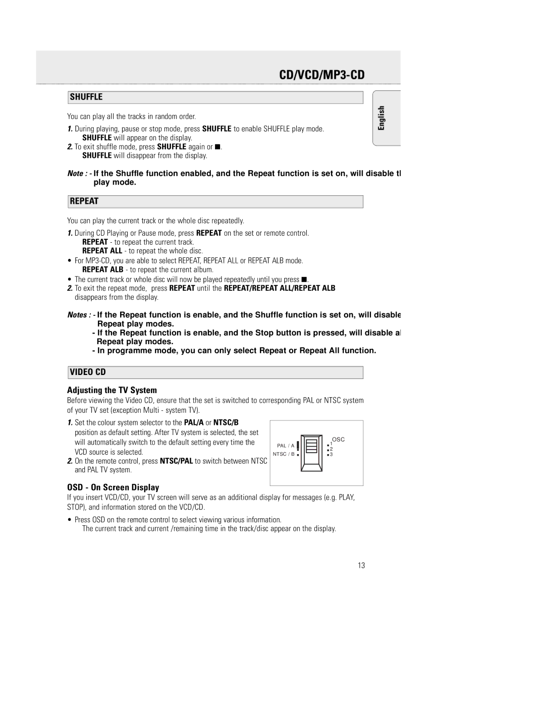 Philips AZ5150 manual Shuffle, Repeat, Video CD, Adjusting the TV System, OSD On Screen Display 