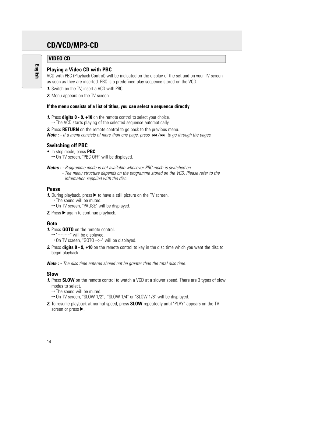 Philips AZ5150 manual Playing a Video CD with PBC, Switching off PBC, Pause, Goto, Slow 