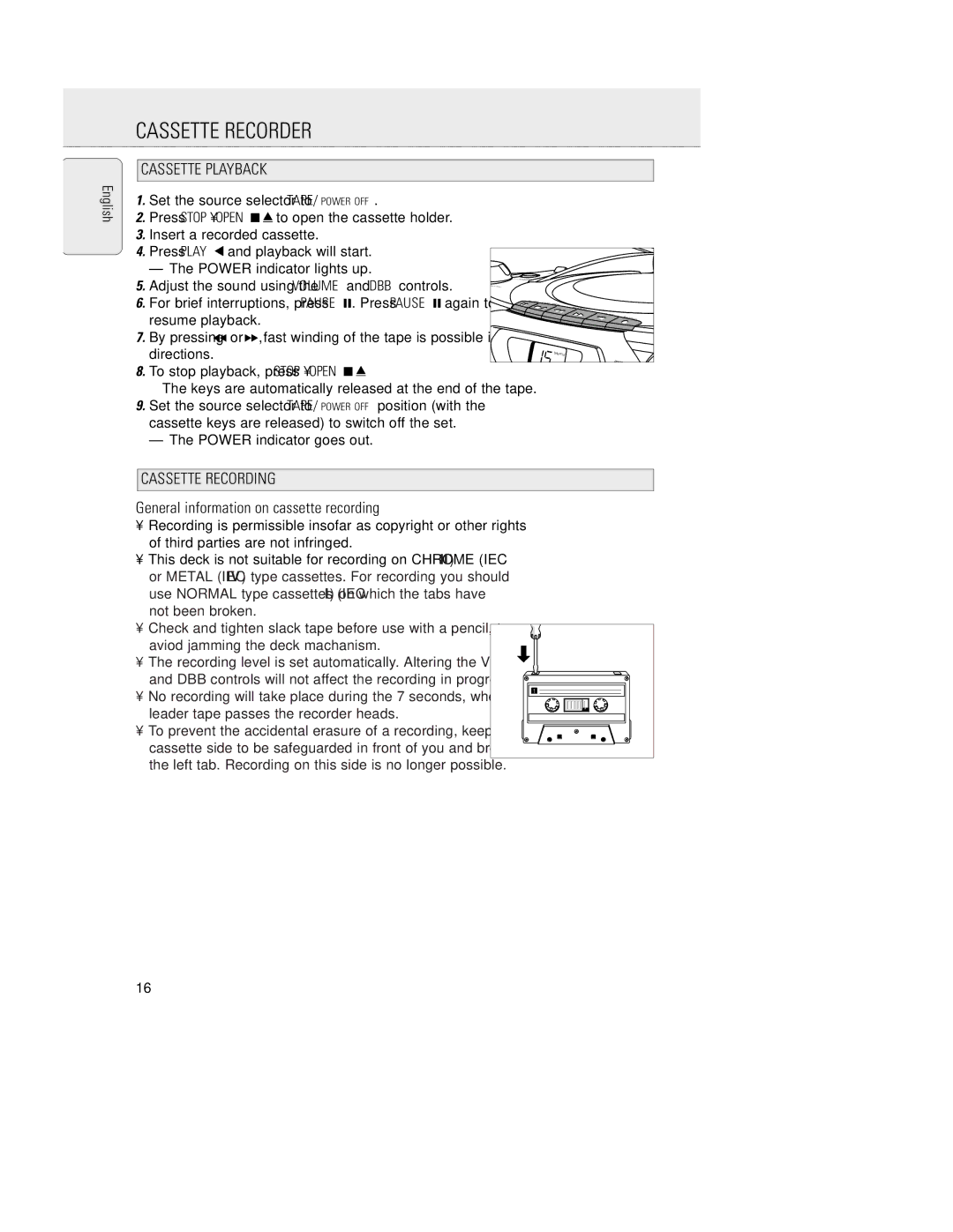 Philips AZ5150 manual Cassette Recorder, Cassette Playback, Cassette Recording, General information on cassette recording 