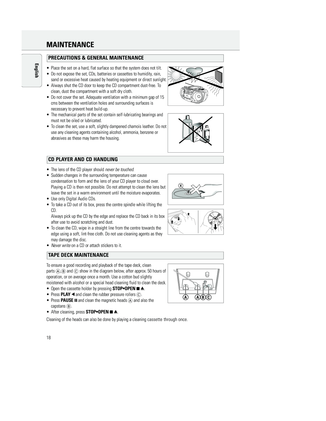 Philips AZ5150 manual Precautions & General Maintenance, Cd Player And Cd Handling, Tape Deck Maintenance, English 
