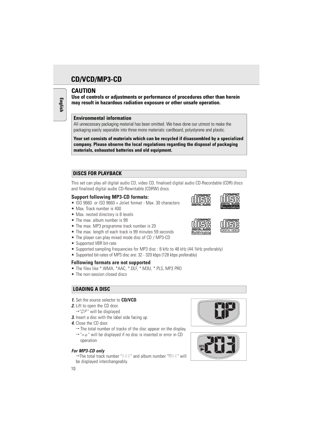 Philips AZ5155 manual CD/VCD/MP3-CD, Environmental information, Discs for Playback, Loading a Disc 