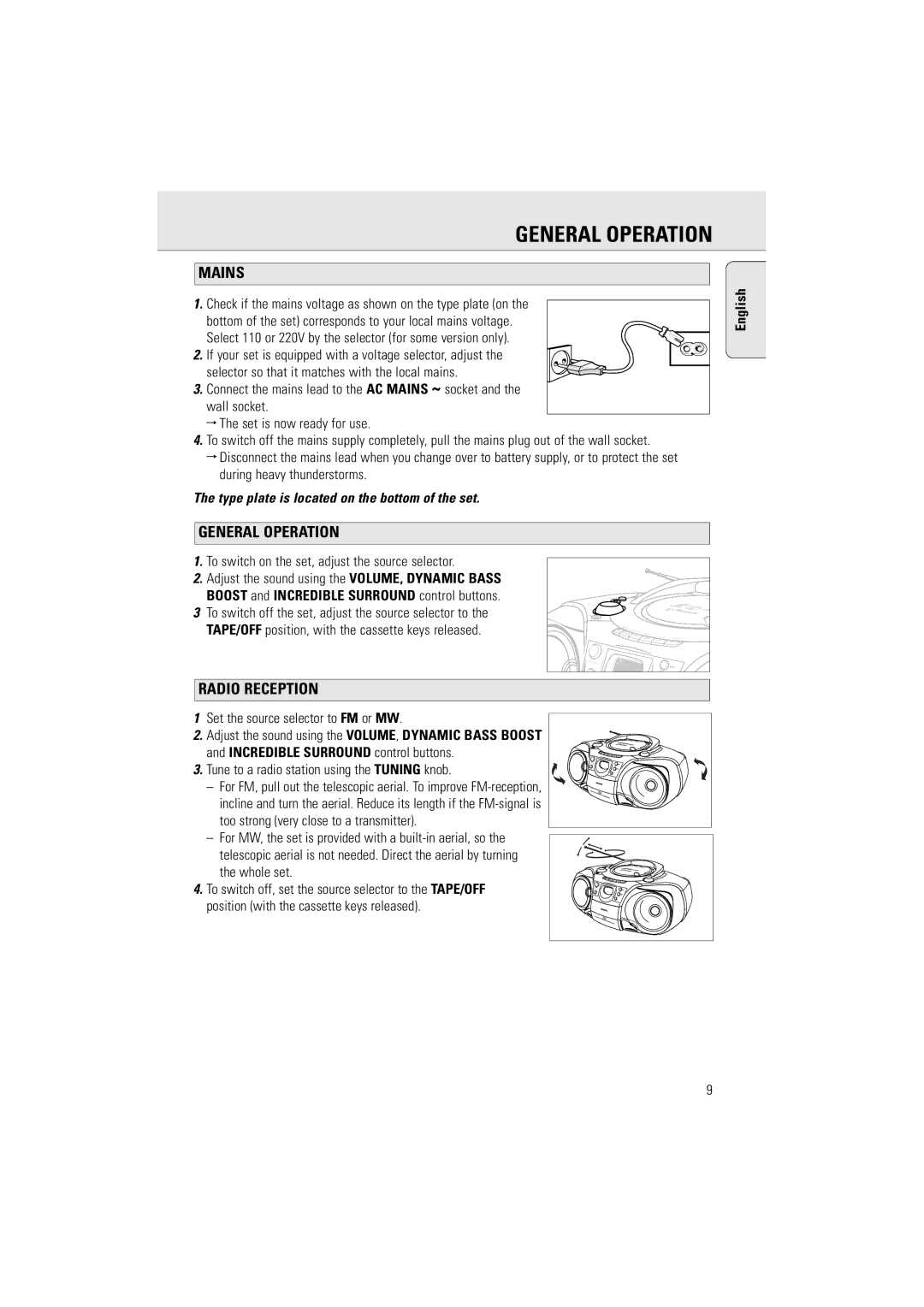 Philips AZ5155 manual General Operation, Mains, Radio Reception, Boost and Incredible Surround control buttons 