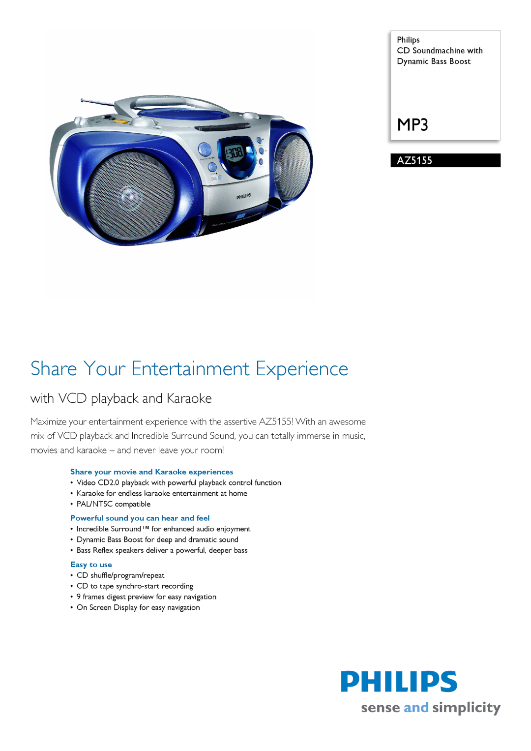 Philips AZ5155/01 manual Share your movie and Karaoke experiences, Powerful sound you can hear and feel, Easy to use 