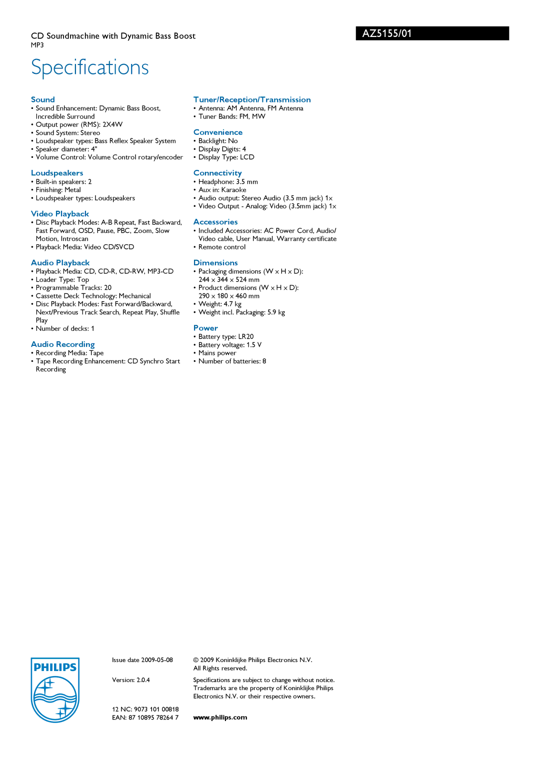 Philips AZ5155/01 manual Specifications 