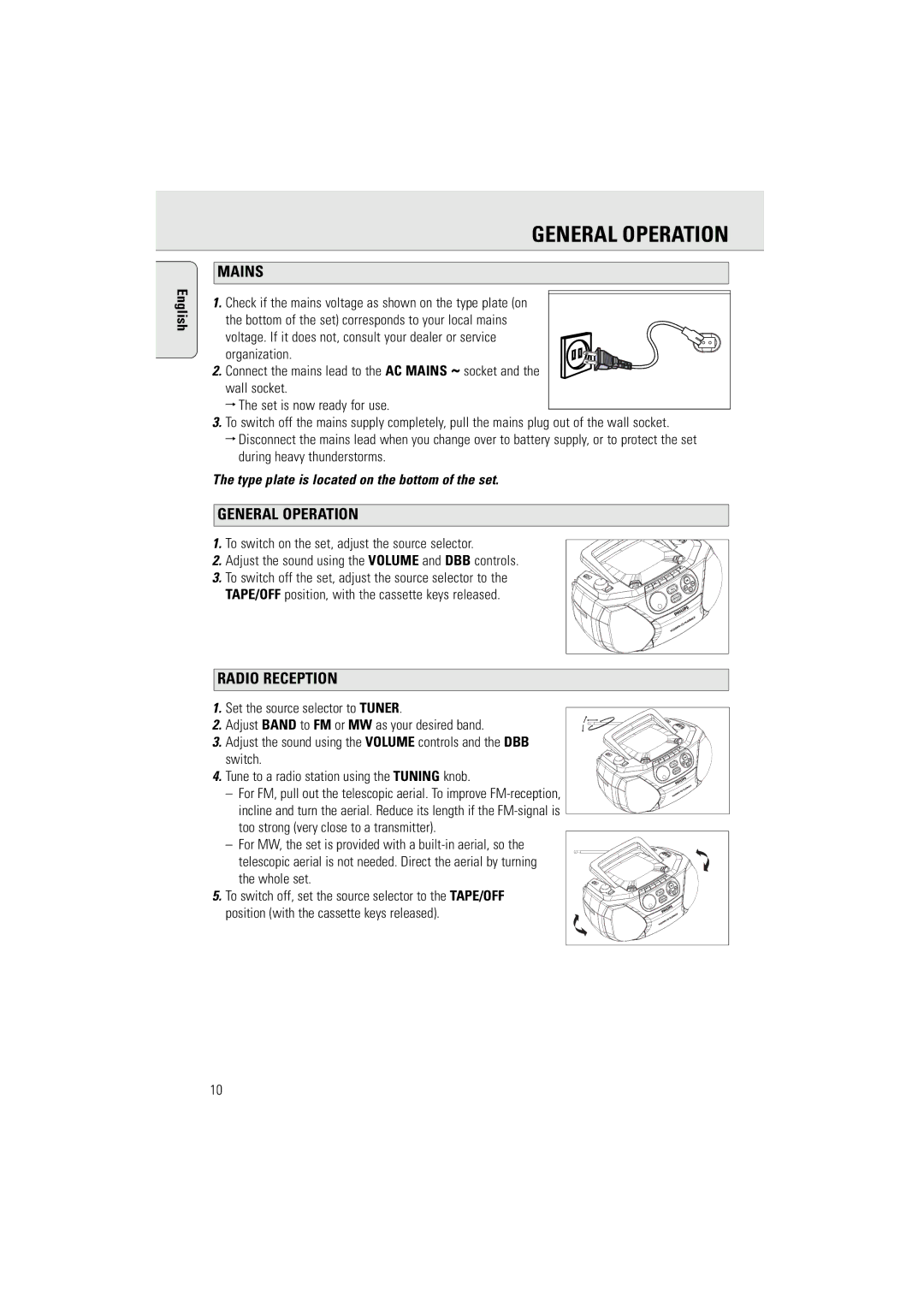 Philips AZ5160 user manual General Operation, Mains, Radio Reception, To switch on the set, adjust the source selector 