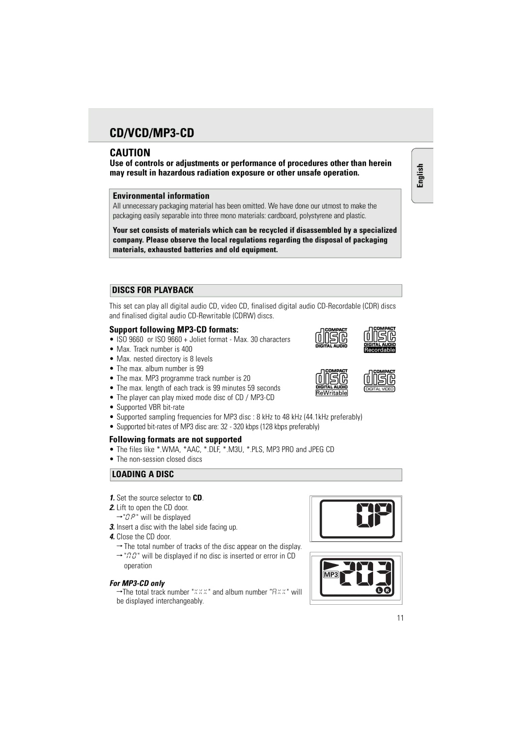 Philips AZ5160 user manual CD/VCD/MP3-CD, Discs for Playback, Loading a Disc 