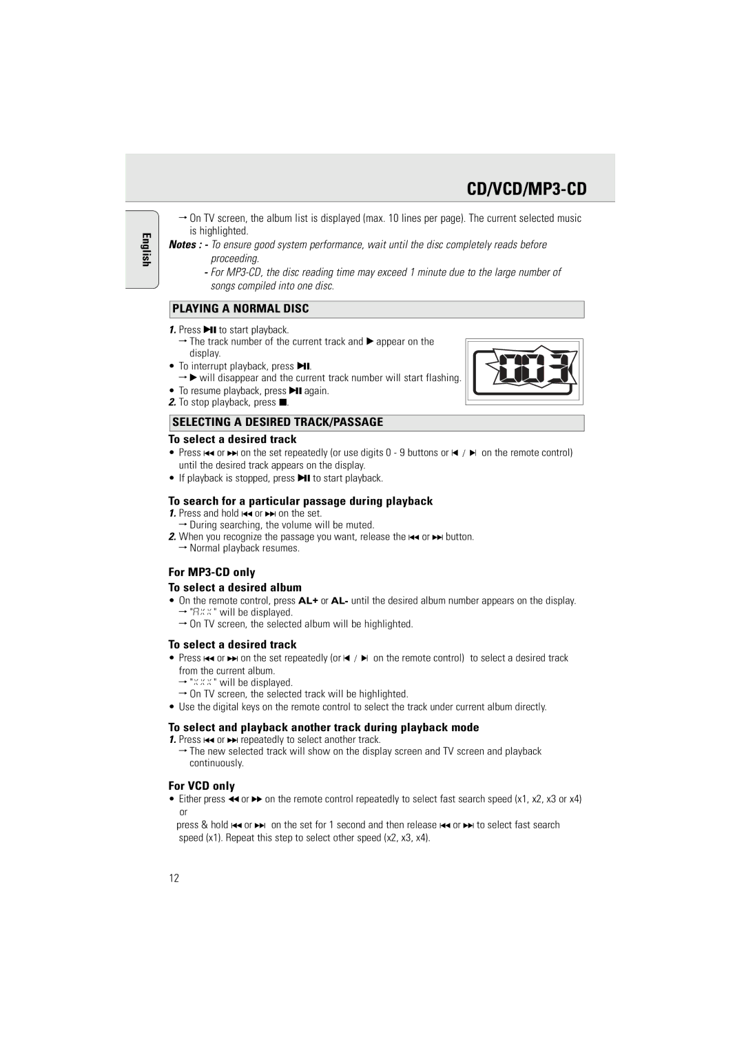 Philips AZ5160 user manual To select a desired track, For VCD only 