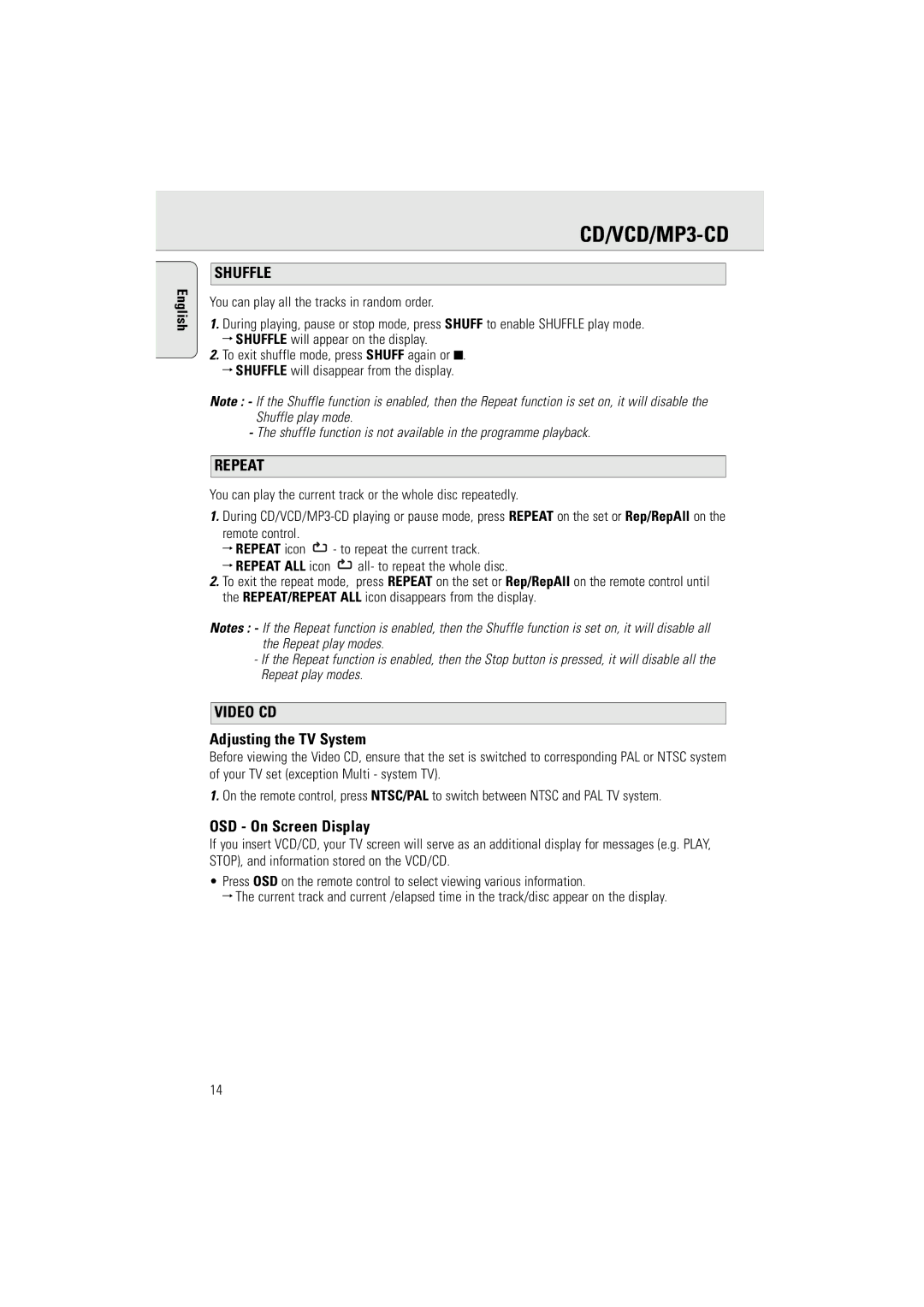 Philips AZ5160 user manual Shuffle, Repeat, Video CD, Adjusting the TV System, OSD On Screen Display 