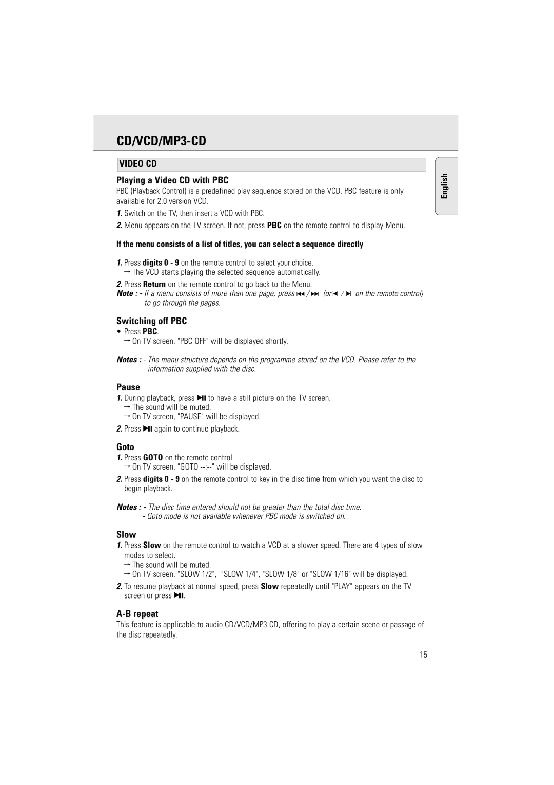 Philips AZ5160 user manual Playing a Video CD with PBC, Switching off PBC, Pause, Goto, Slow, Repeat 