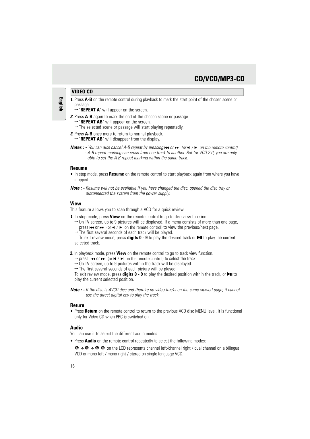 Philips AZ5160 user manual Resume, View, Return, Audio 