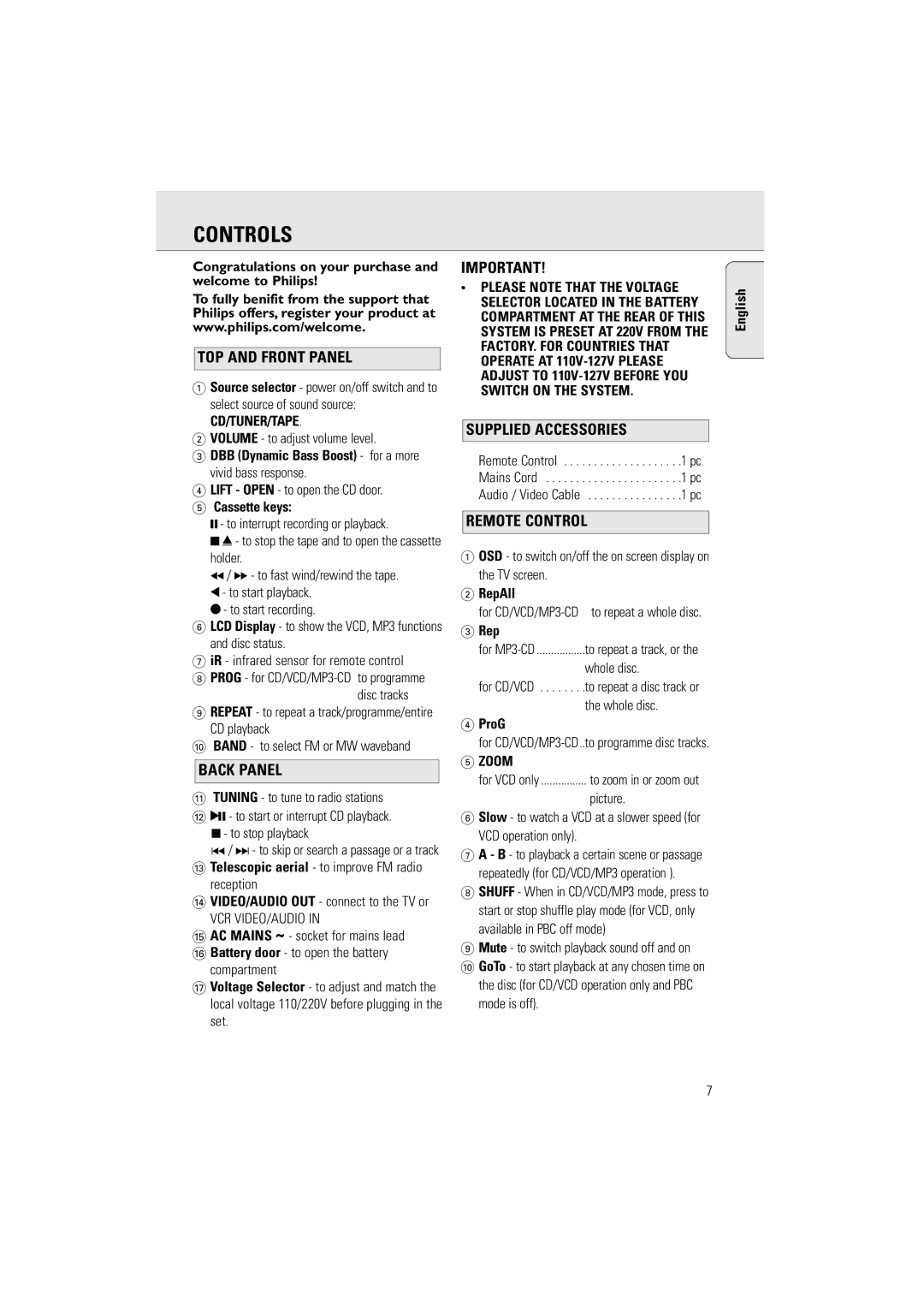 Philips AZ5160 user manual Controls, TOP and Front Panel, Back Panel, Supplied Accessories, Remote Control 