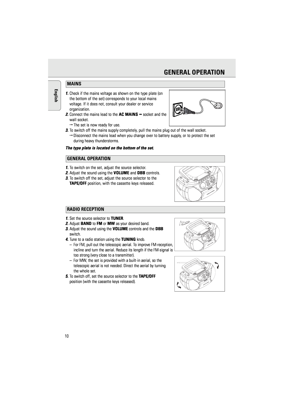 Philips AZ5160 user manual General Operation, Mains, Radio Reception 