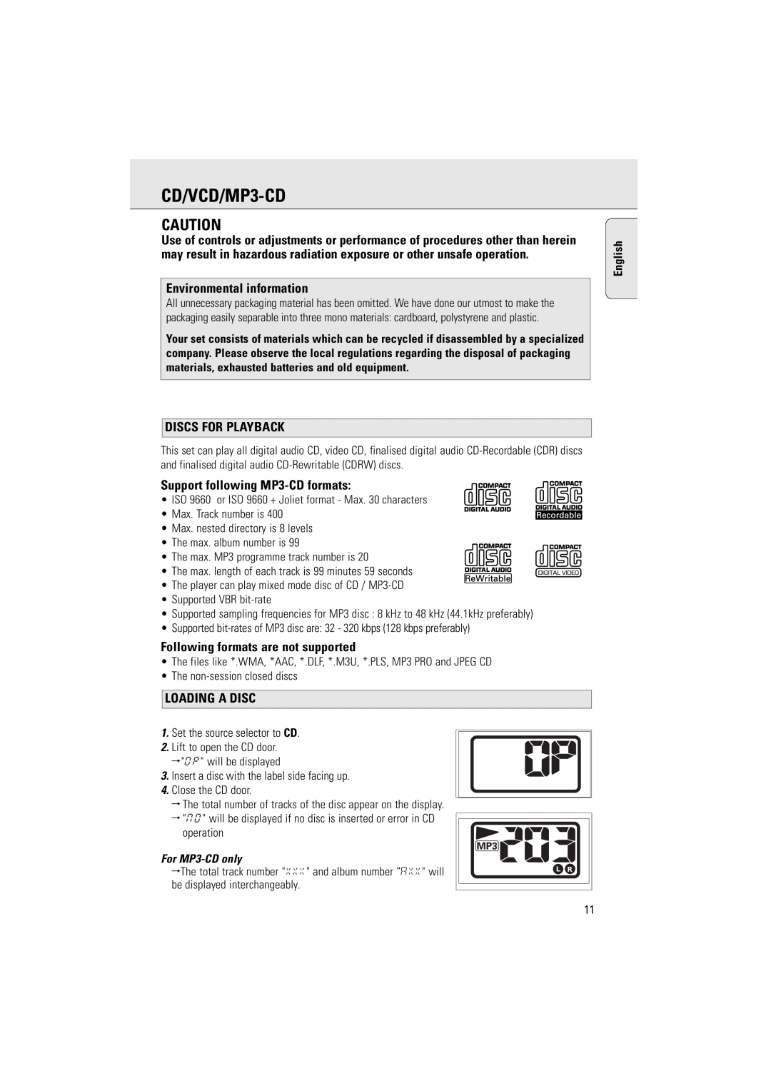 Philips AZ5160 user manual CD/VCD/MP3-CD, Environmental information, Discs For Playback, Support following MP3-CDformats 
