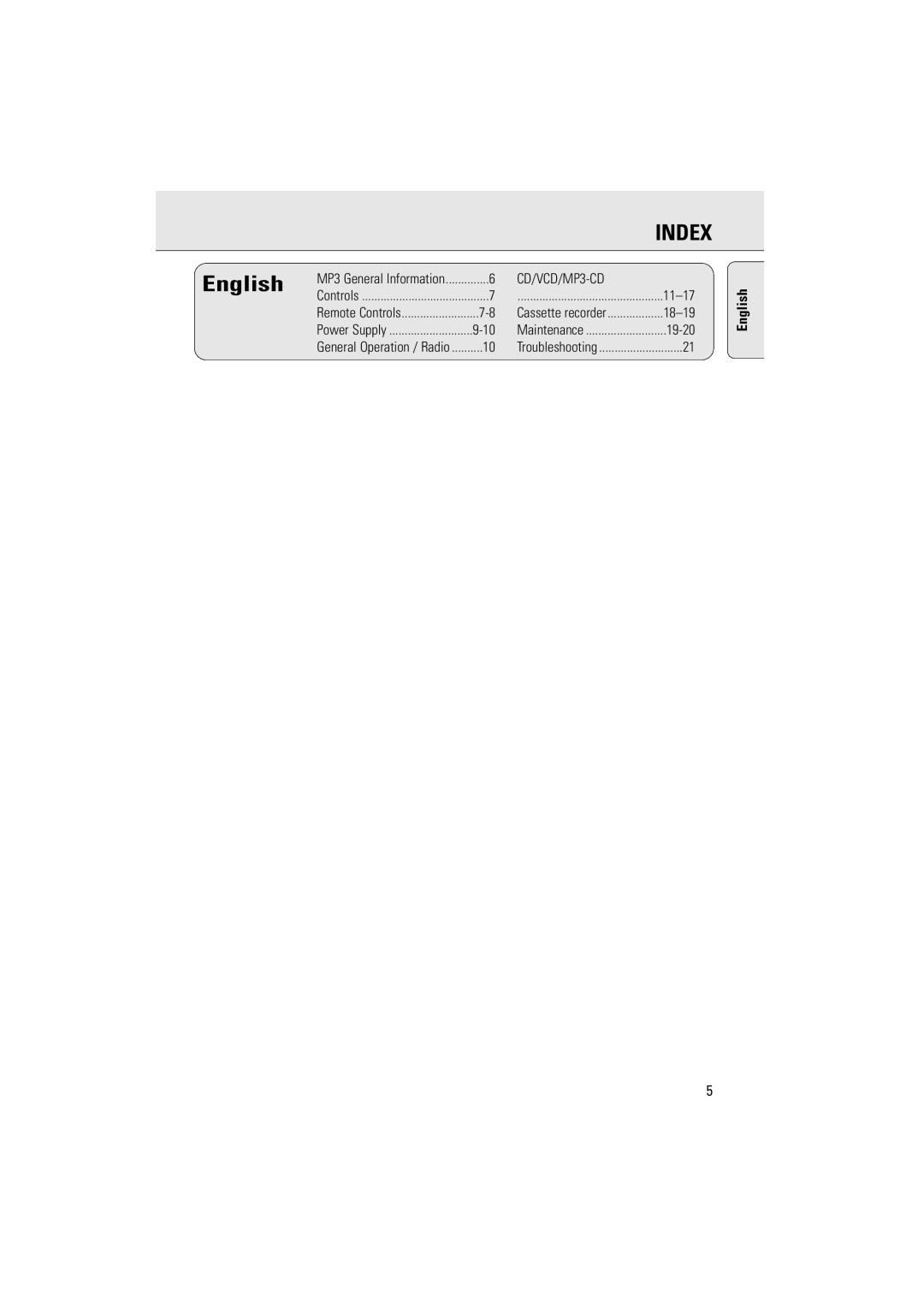 Philips AZ5160 user manual Index, English 
