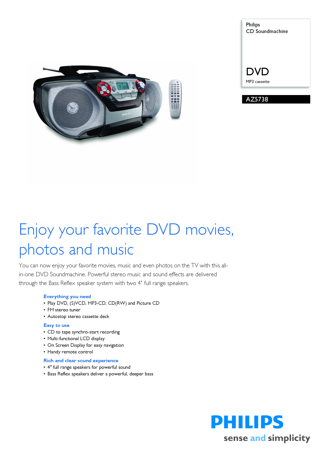 Philips AZ5738/93 manual Enjoy your favorite DVD movies, photos and music 