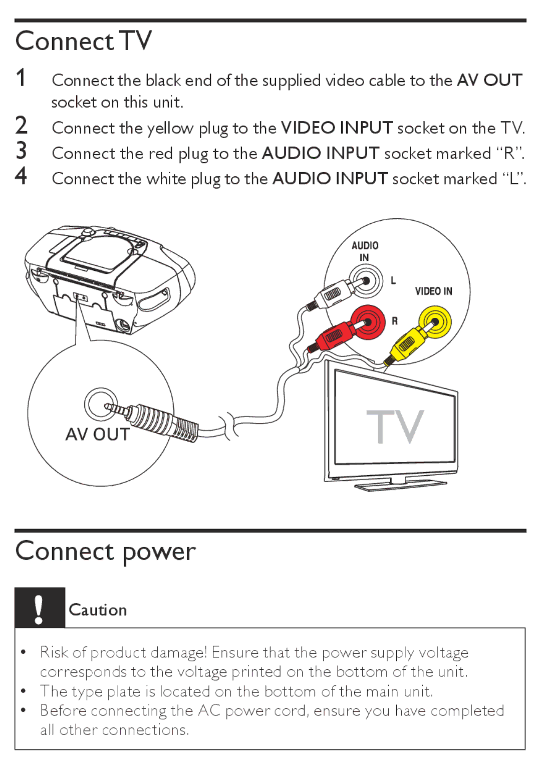 Philips AZ5740 user manual Connect TV, Connect power 