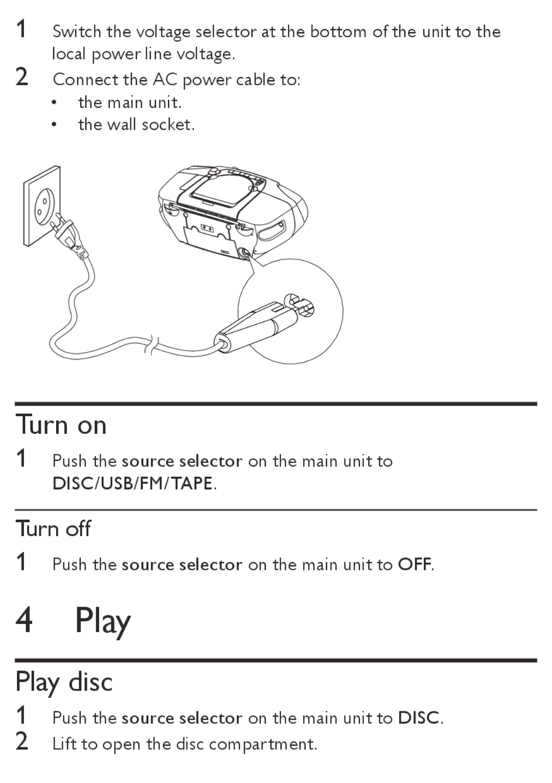 Philips AZ5740 user manual Turn on, Play disc, Turn off 