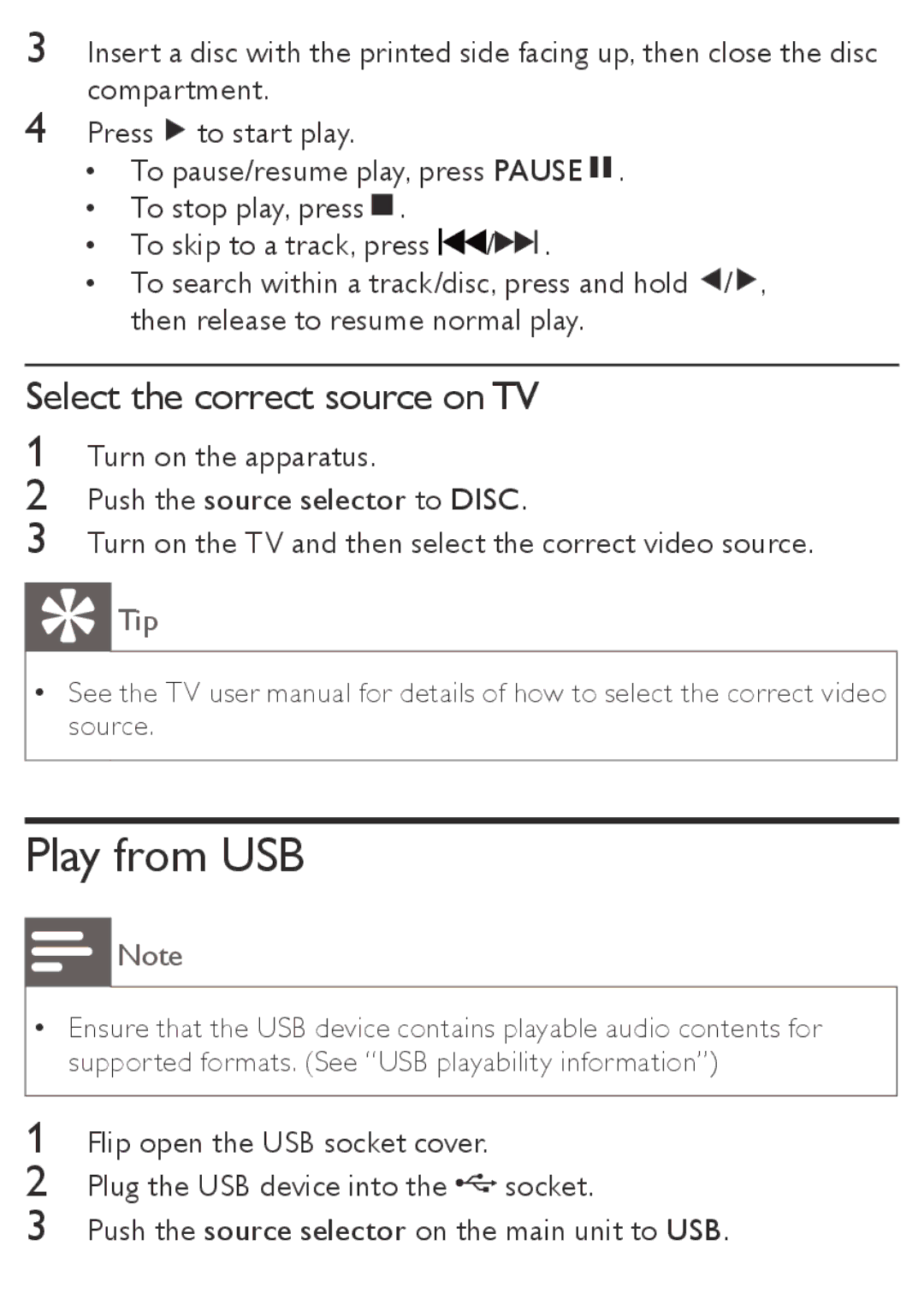 Philips AZ5740 user manual Play from USB, Select the correct source on TV 