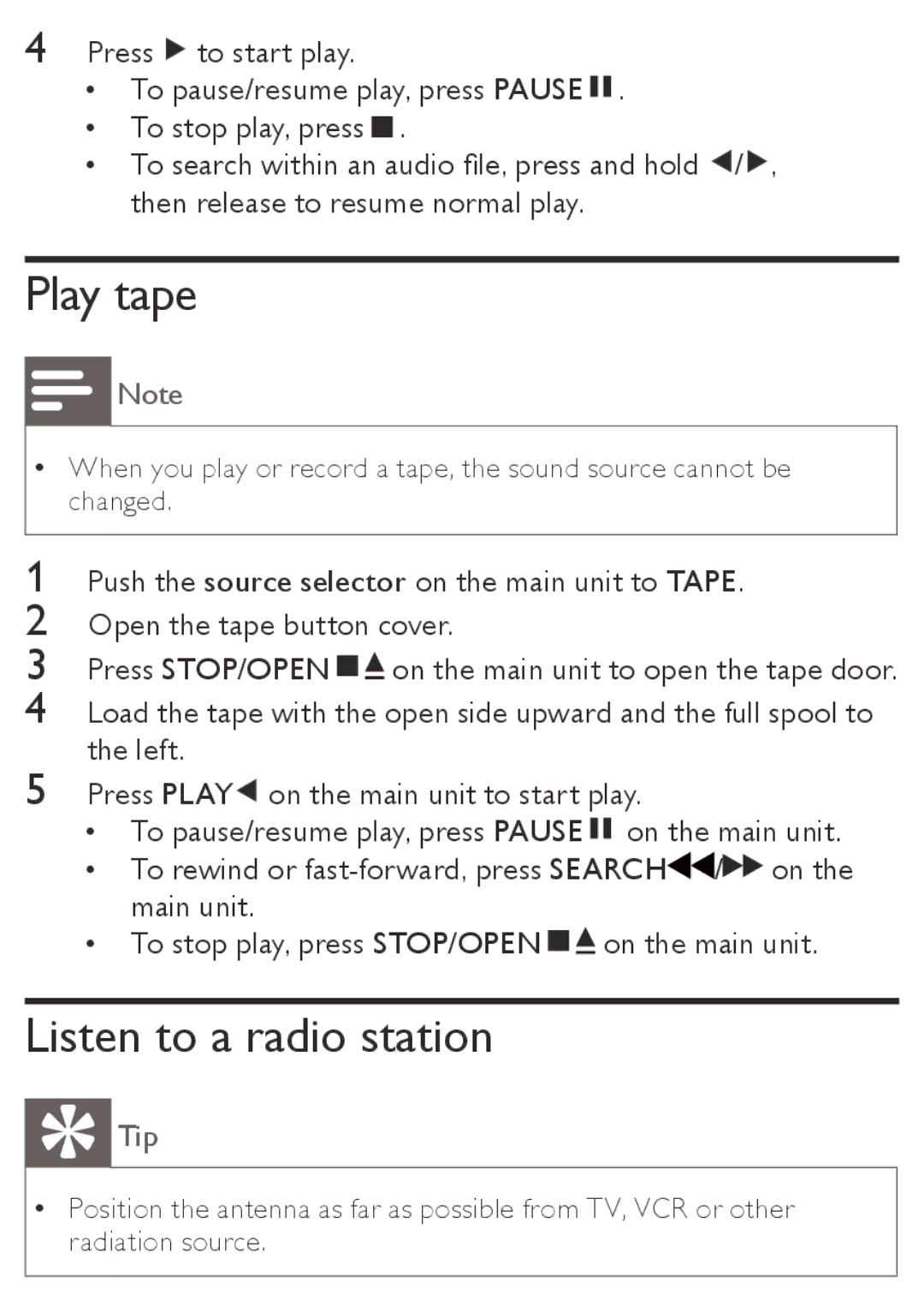 Philips AZ5740 user manual Play tape, Listen to a radio station 