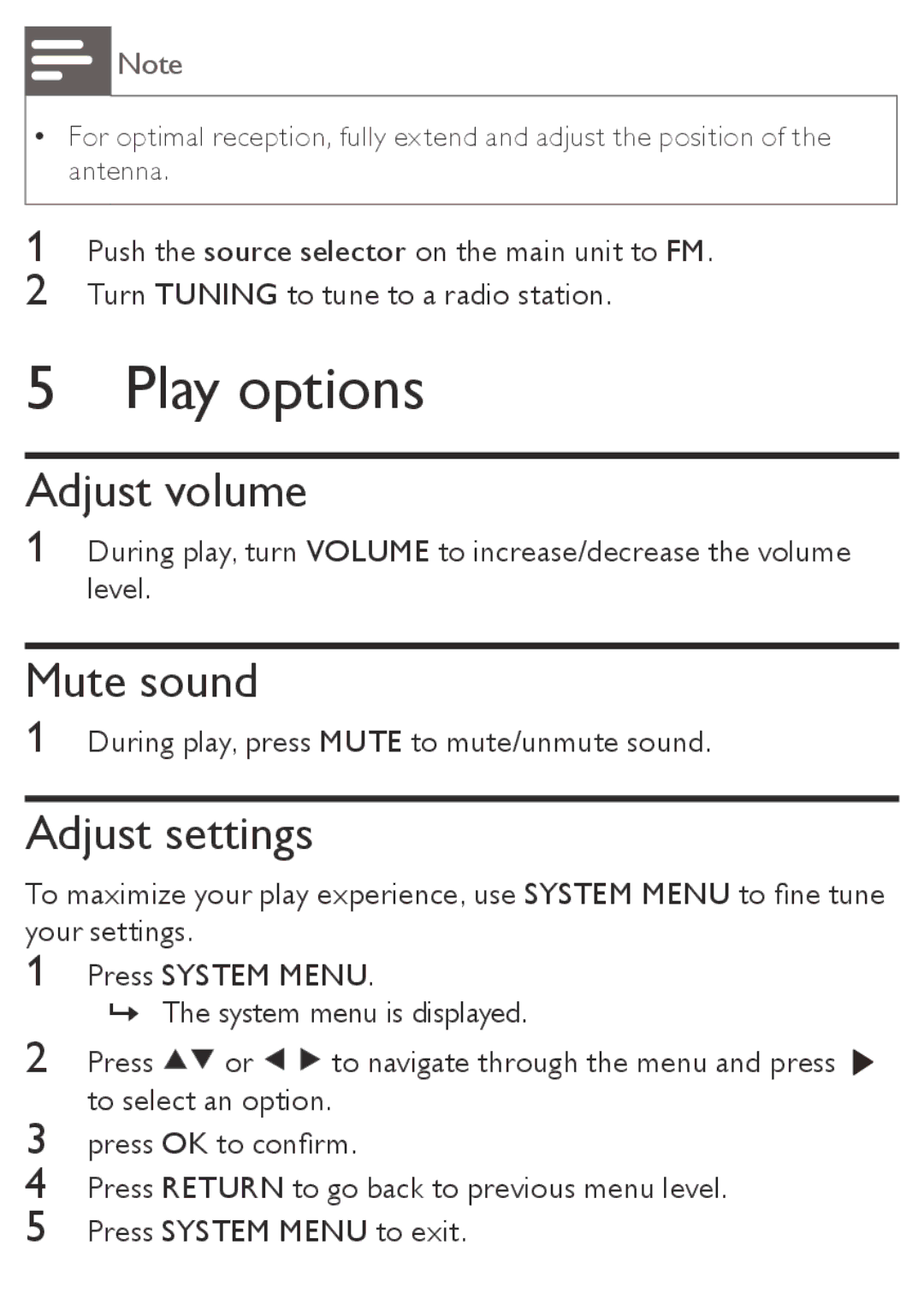 Philips AZ5740 user manual Play options, Adjust volume, Mute sound, Adjust settings 