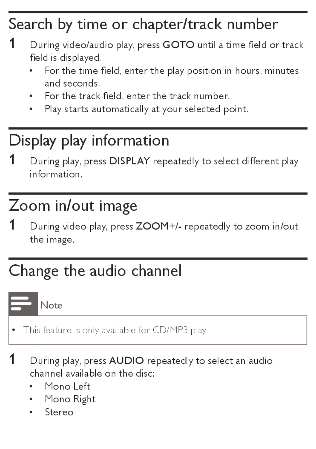 Philips AZ5740 user manual Search by time or chapter/track number, Display play information, Zoom in/out image 