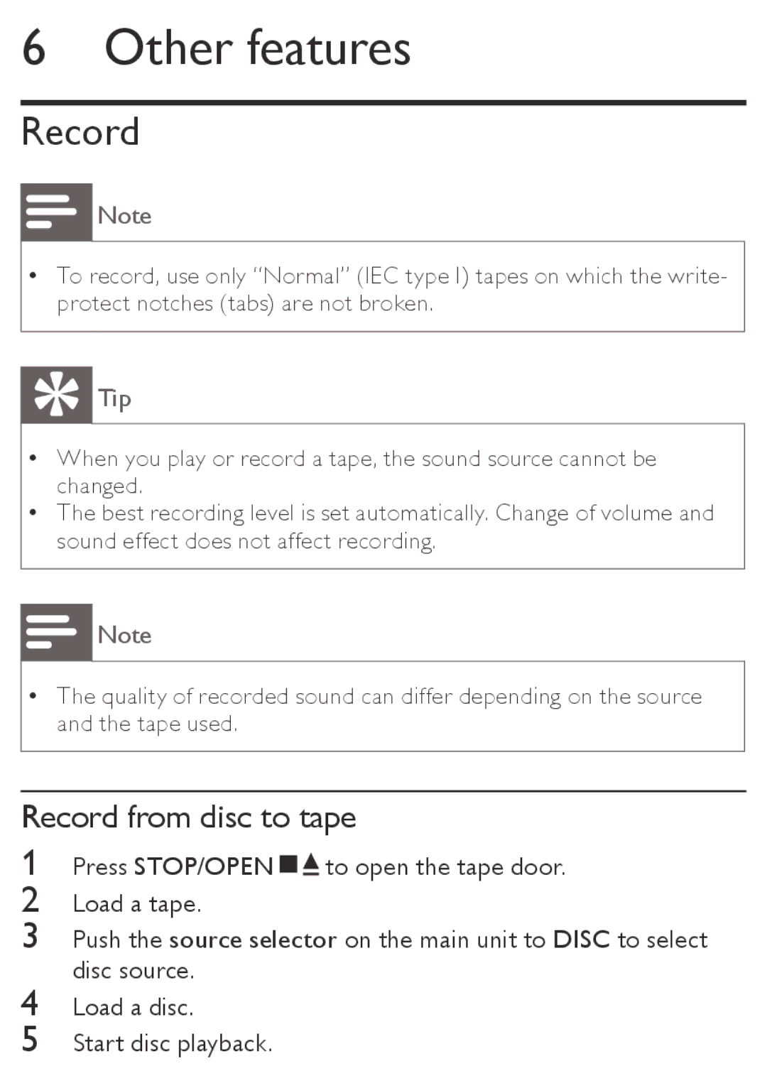 Philips AZ5740 user manual Other features, Record from disc to tape 