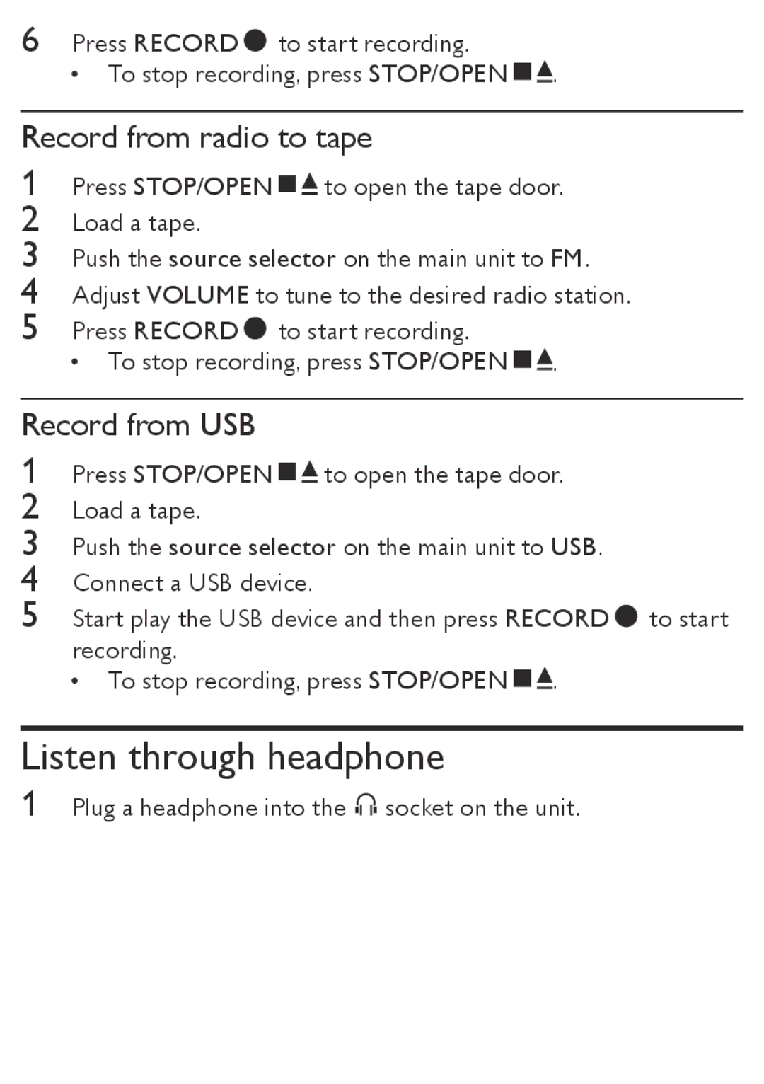 Philips AZ5740 user manual Listen through headphone, Record from radio to tape, Record from USB 