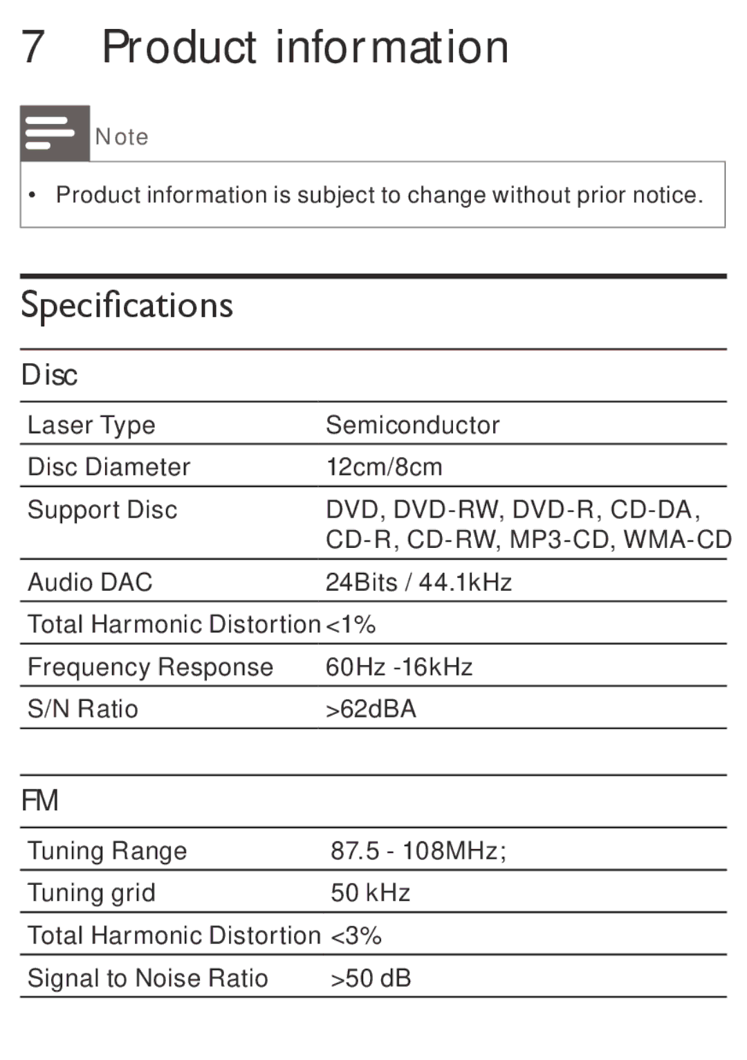 Philips AZ5740 user manual Product information, Specifications, Disc 