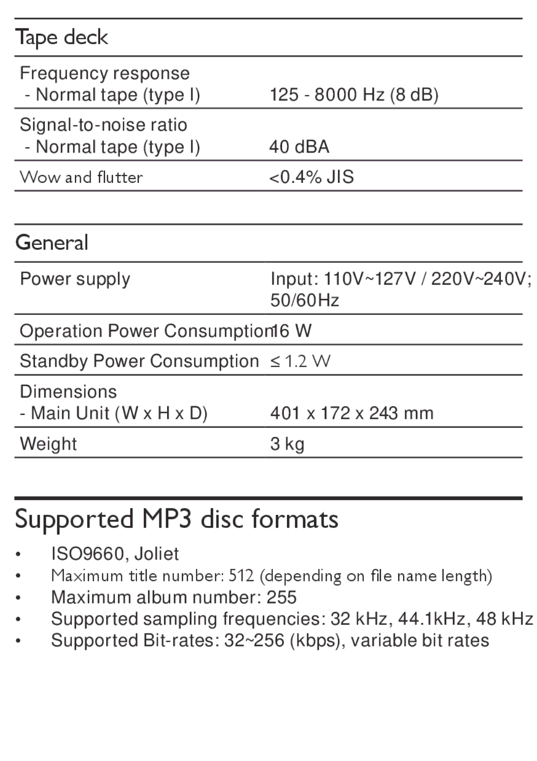 Philips AZ5740 user manual Supported MP3 disc formats, Tape deck, General 