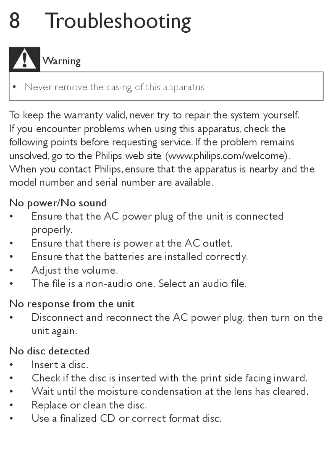 Philips AZ5740 user manual Troubleshooting 