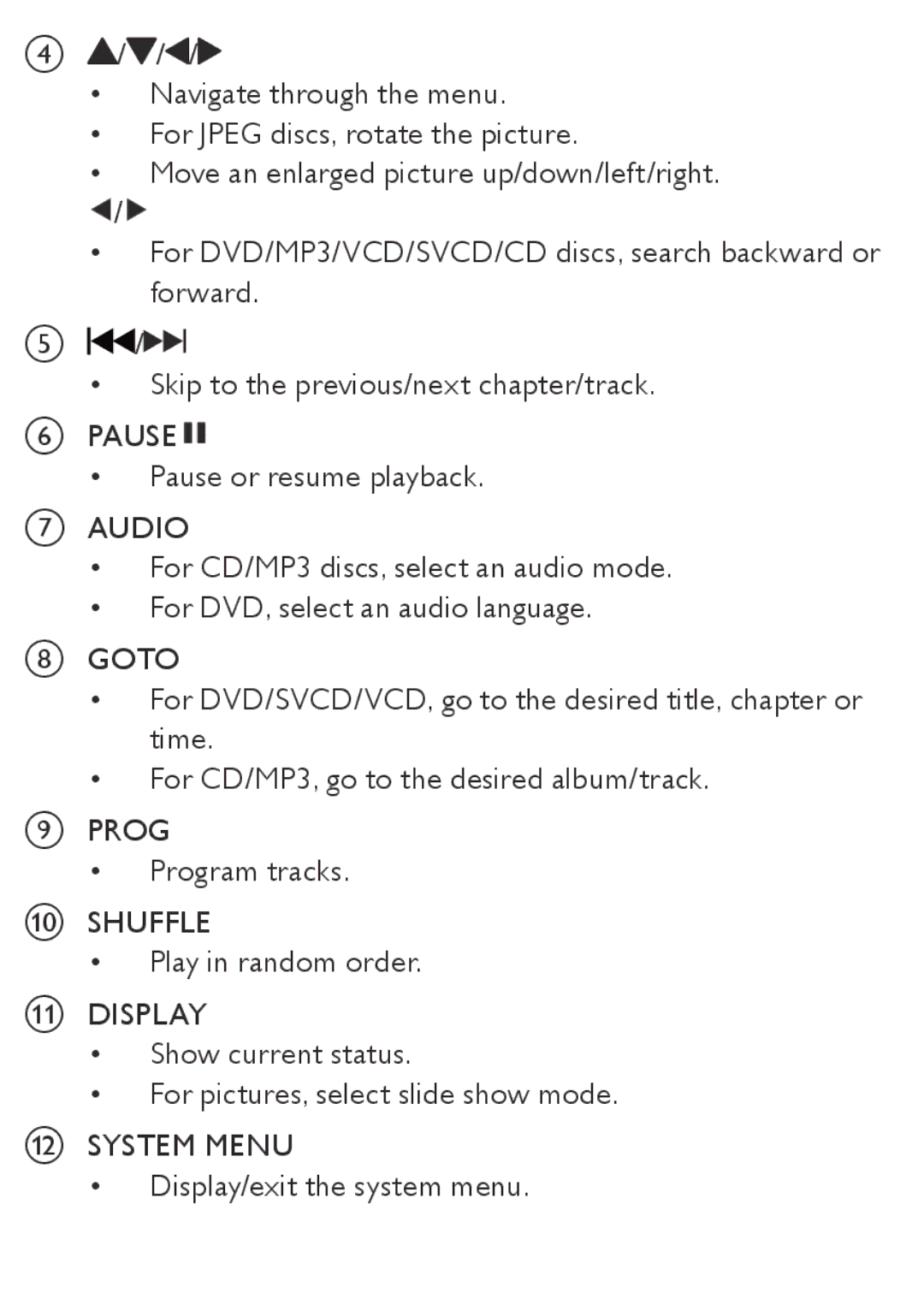 Philips AZ5740 user manual Goto, Prog, Shuffle, Display, System Menu 