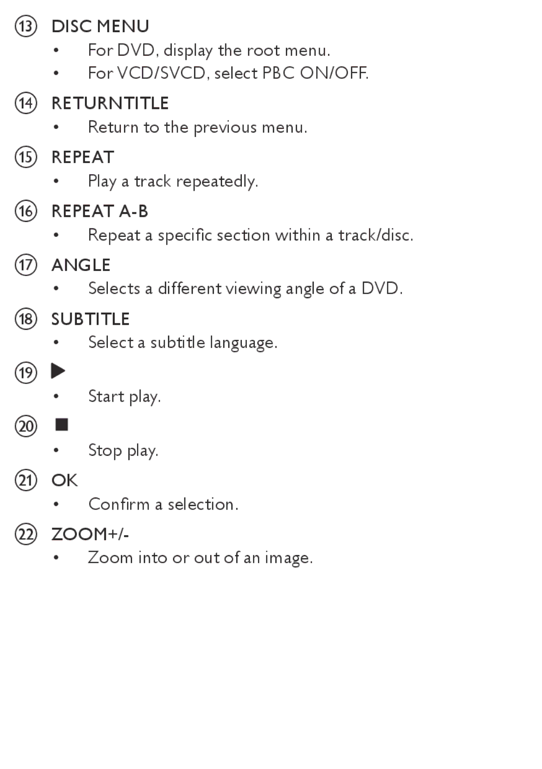 Philips AZ5740 user manual Disc Menu, Returntitle, Repeat A-B, Angle, Zoom+ 