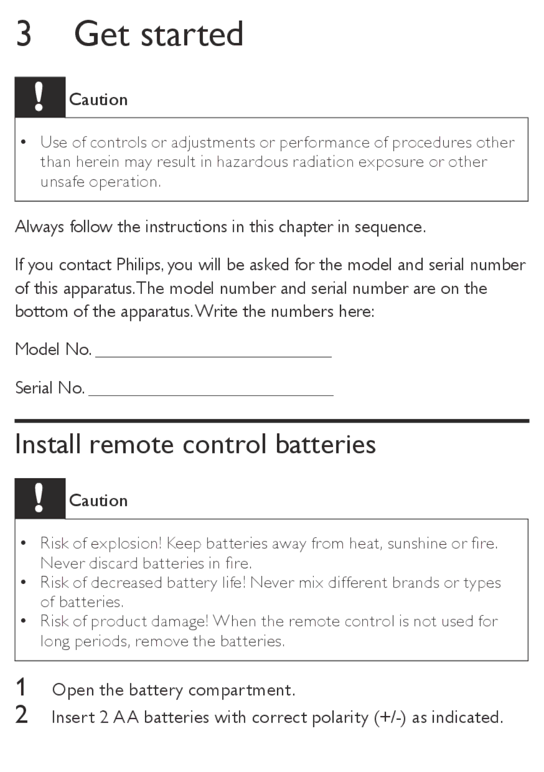 Philips AZ5740 user manual Get started, Install remote control batteries 