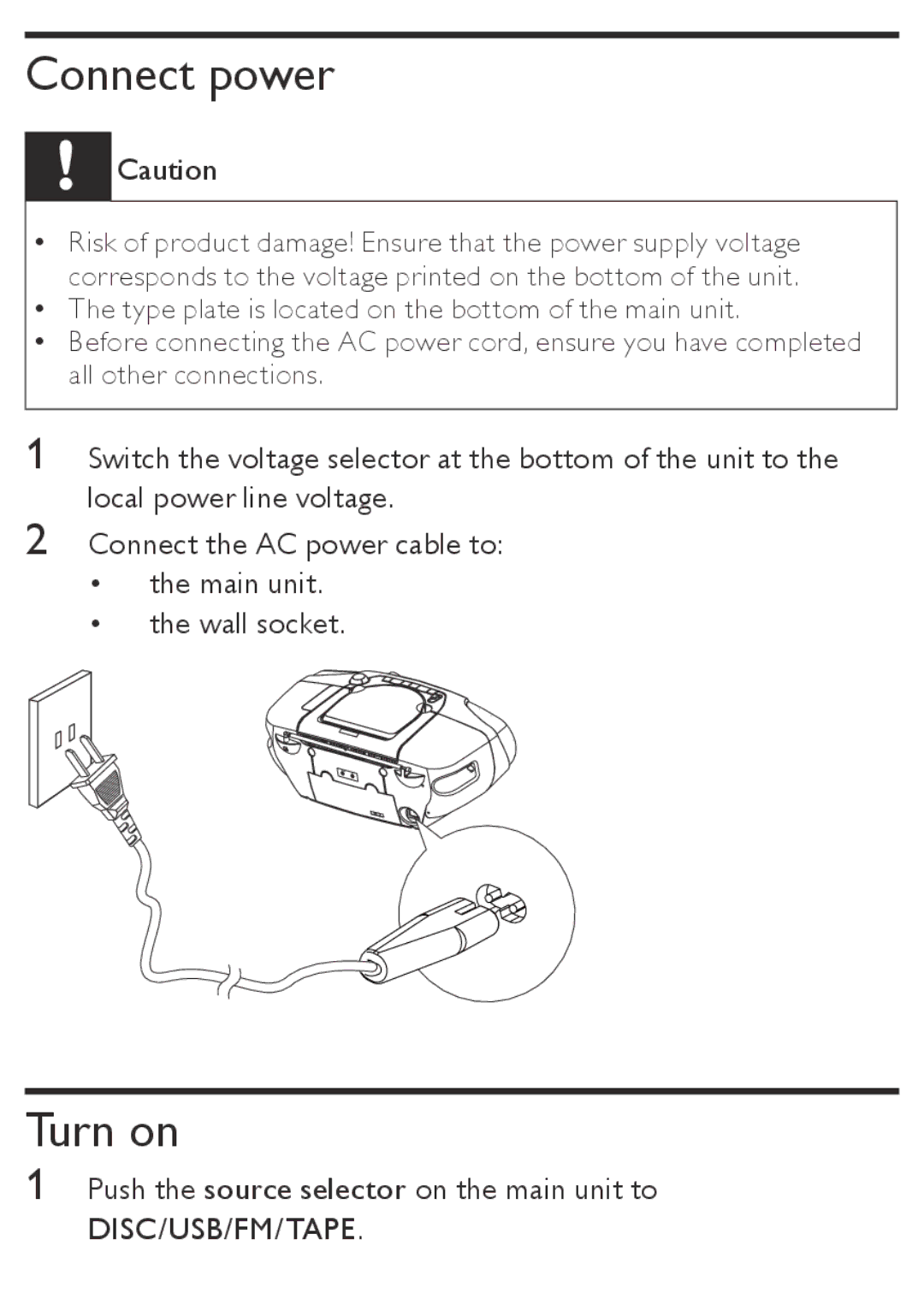 Philips AZ5740 user manual Connect power, Turn on 