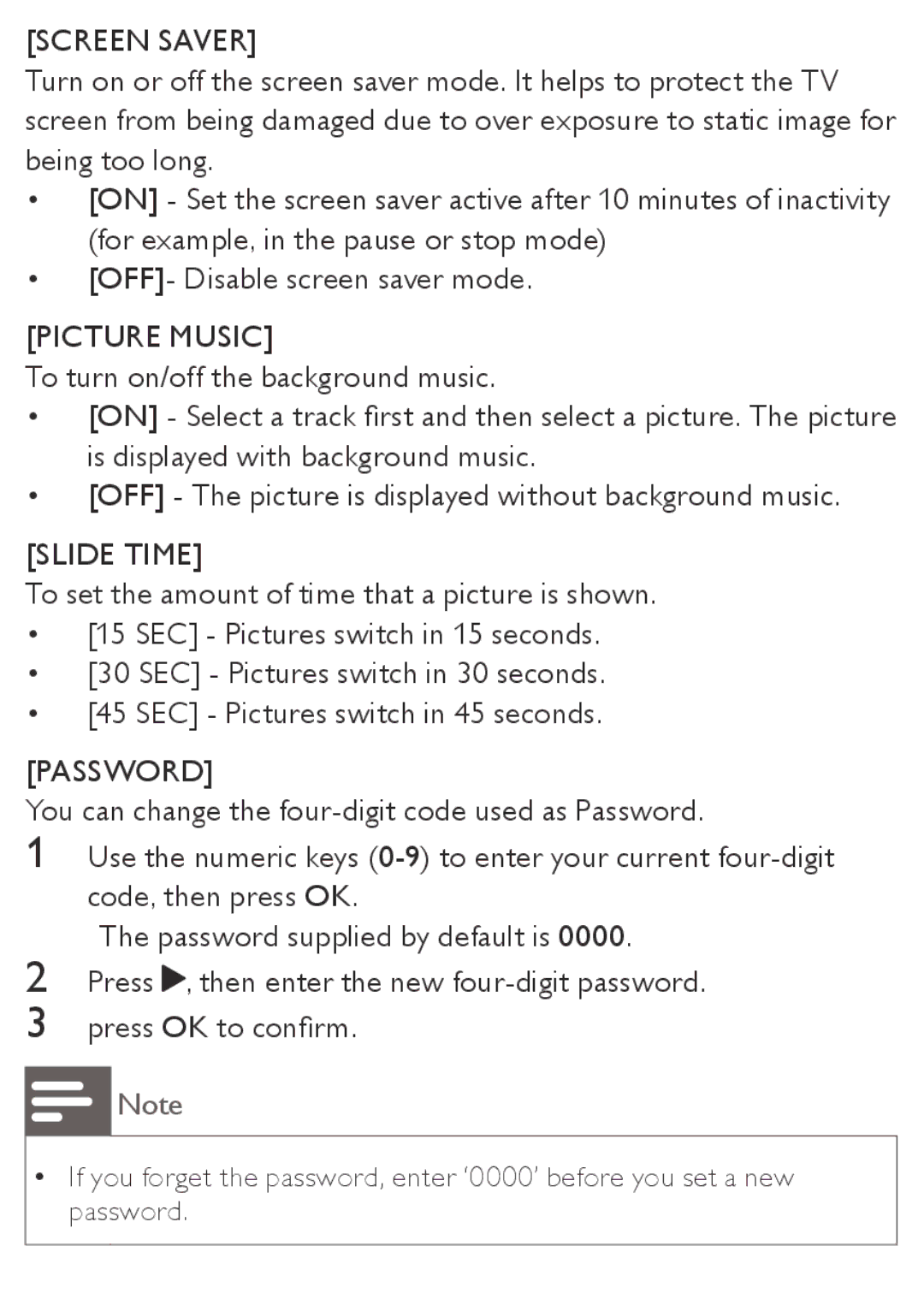 Philips AZ5740 user manual Screen Saver, Picture Music, Slide Time, Password 