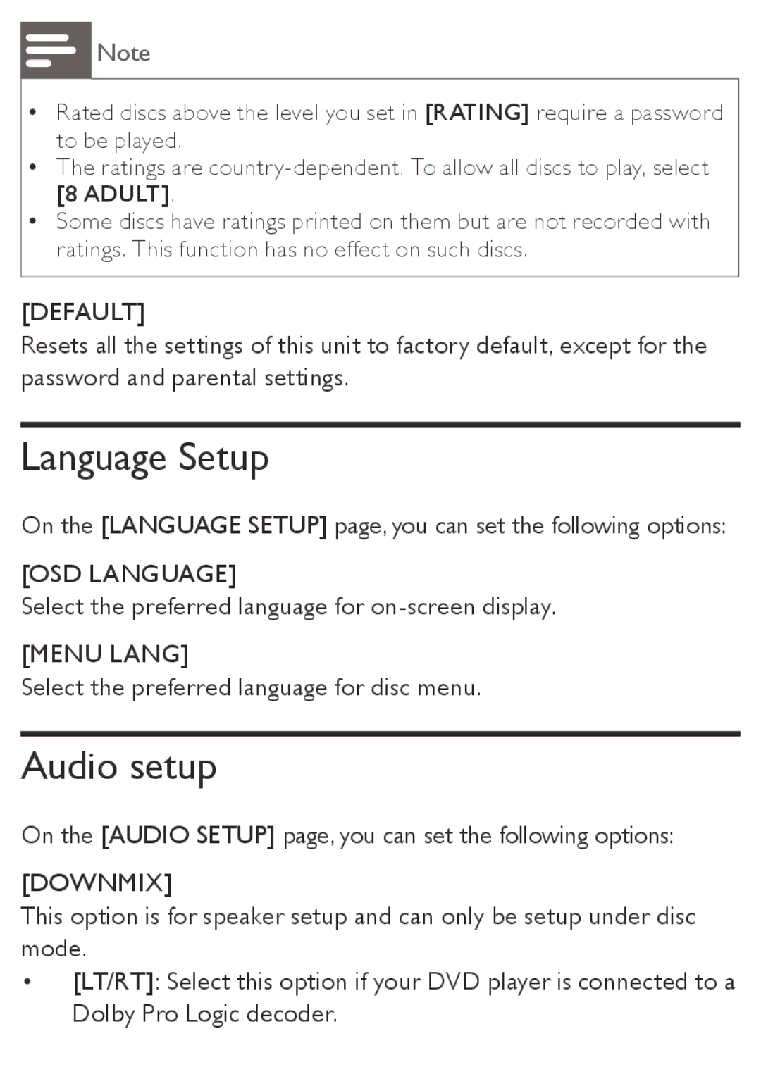 Philips AZ5740 user manual Language Setup, Audio setup 