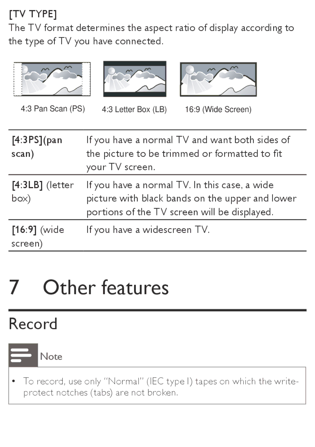 Philips AZ5740 user manual Other features, Record, TV Type 