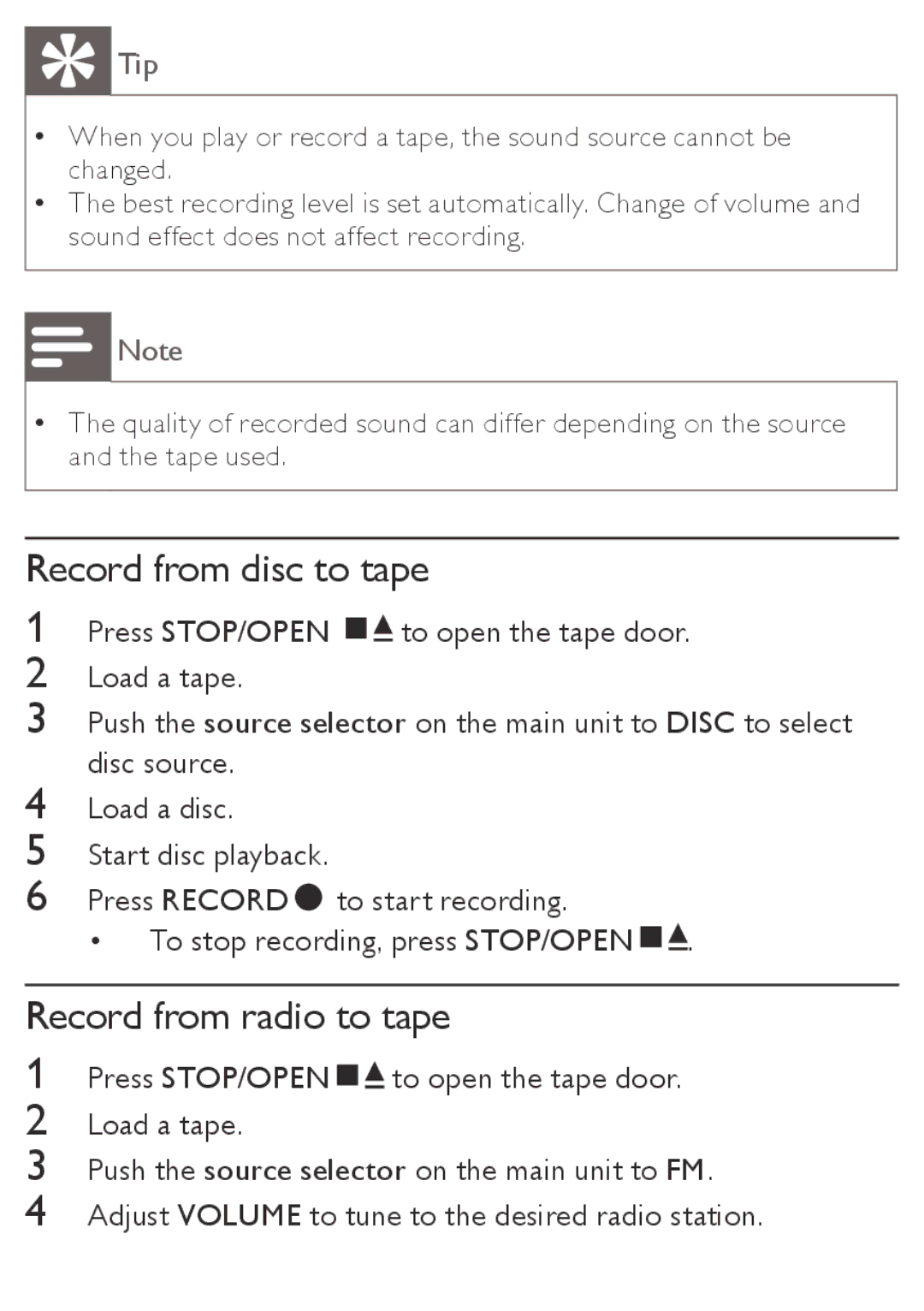 Philips AZ5740 user manual Record from disc to tape, Record from radio to tape 