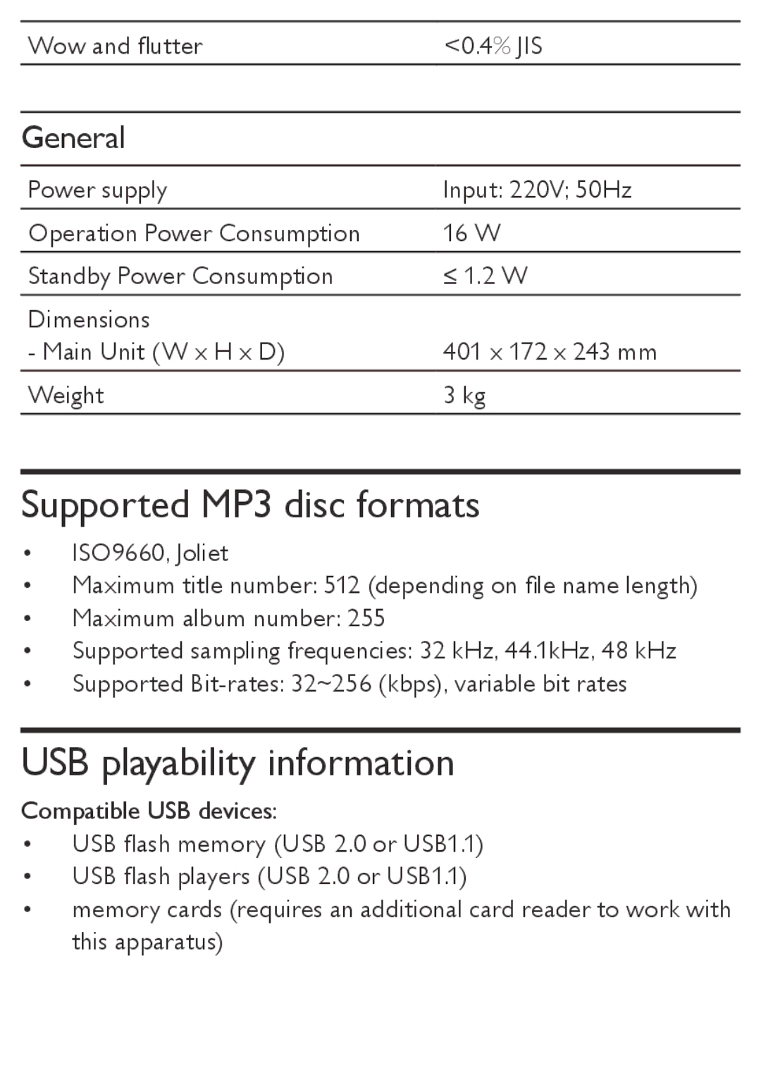 Philips AZ5740 user manual Supported MP3 disc formats, USB playability information, General 