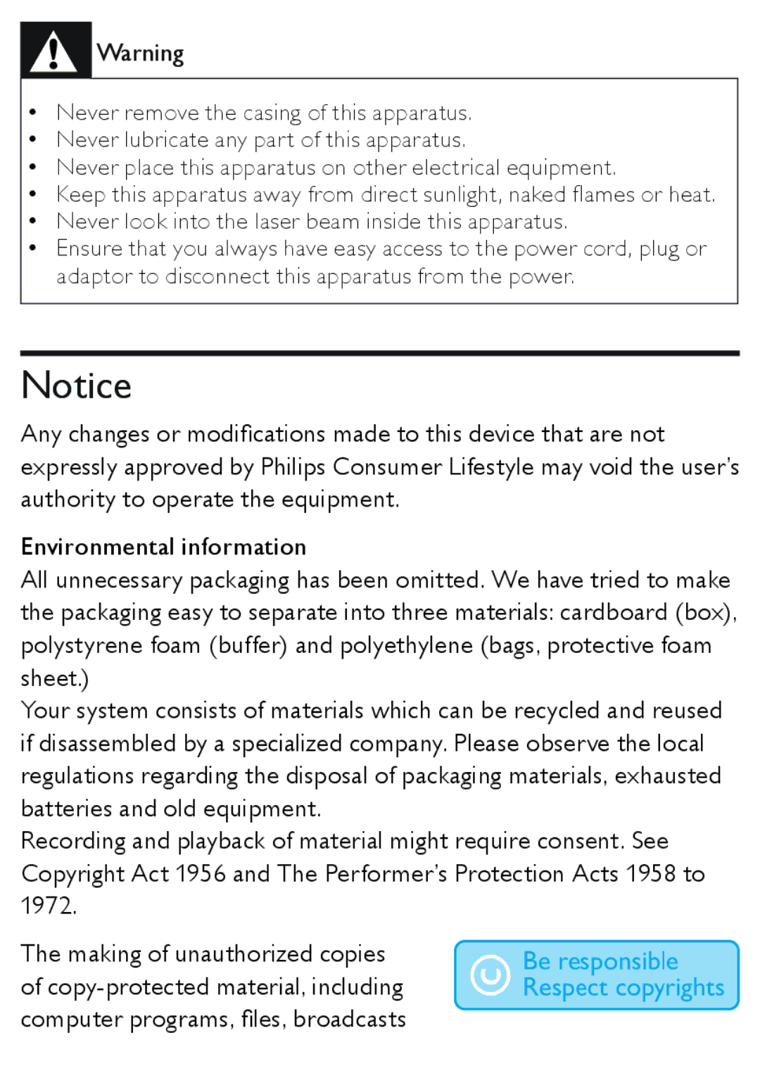 Philips AZ5740 user manual Never look into the laser beam inside this apparatus 