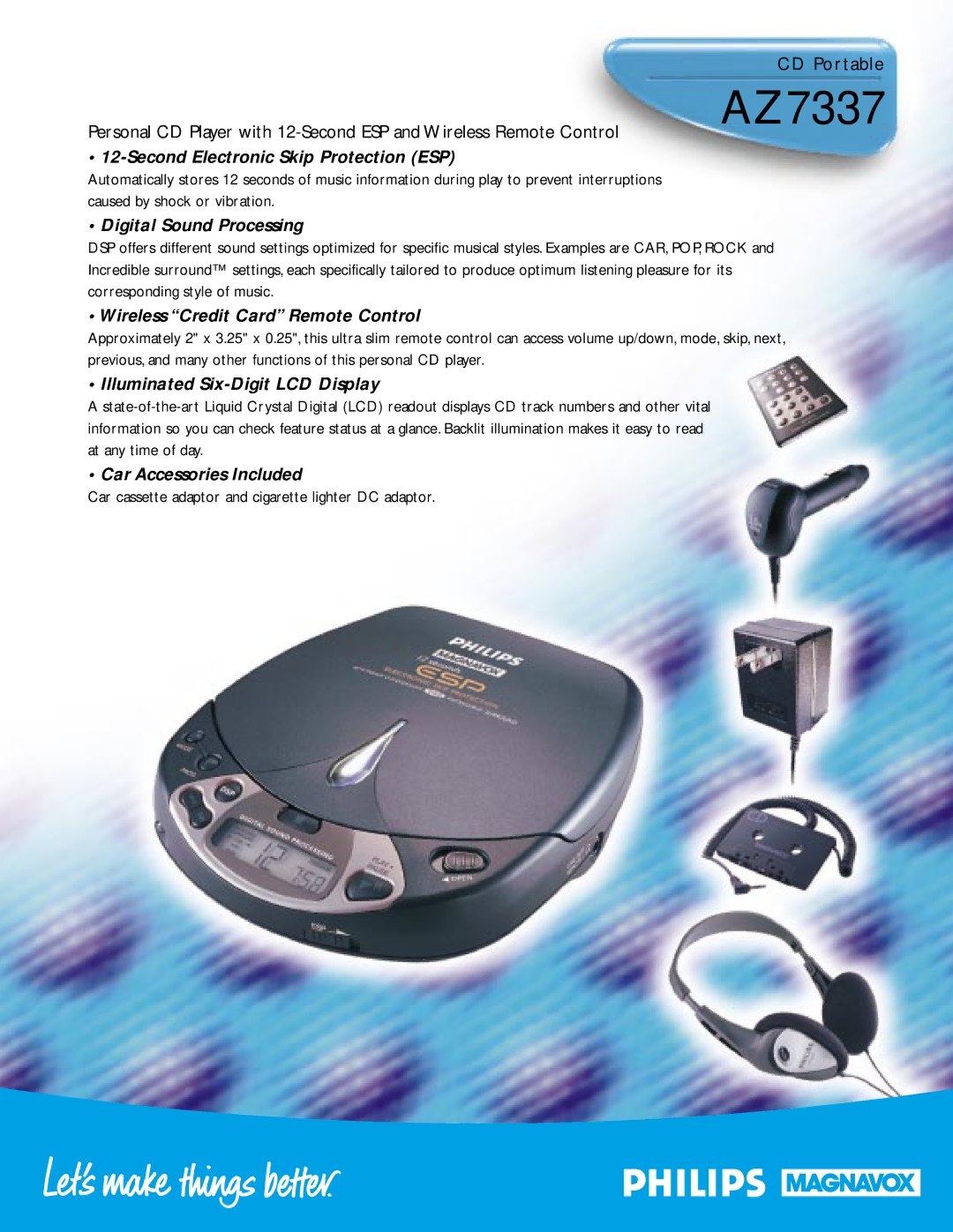 Philips AZ7337 Second Electronic Skip Protection ESP, Digital Sound Processing, Wireless Credit Card Remote Control 