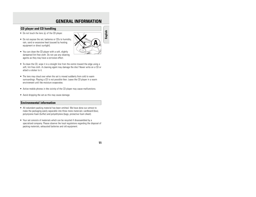 Philips AZ7780, AZ7783, AZ7880, AZ7784, AZ7782, AZ7882, AZ7883 manual CD player and CD handling, Environmental information 