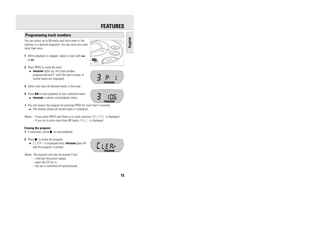 Philips AZ7880, AZ7783, AZ7784, AZ7782, AZ7780, AZ7882, AZ7883 manual Programming track numbers, Erasing the program 