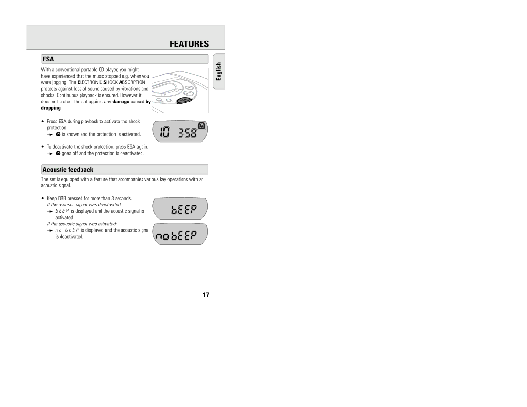 Philips AZ7782, AZ7783, AZ7880, AZ7784, AZ7780, AZ7882, AZ7883 manual Esa, Acoustic feedback 